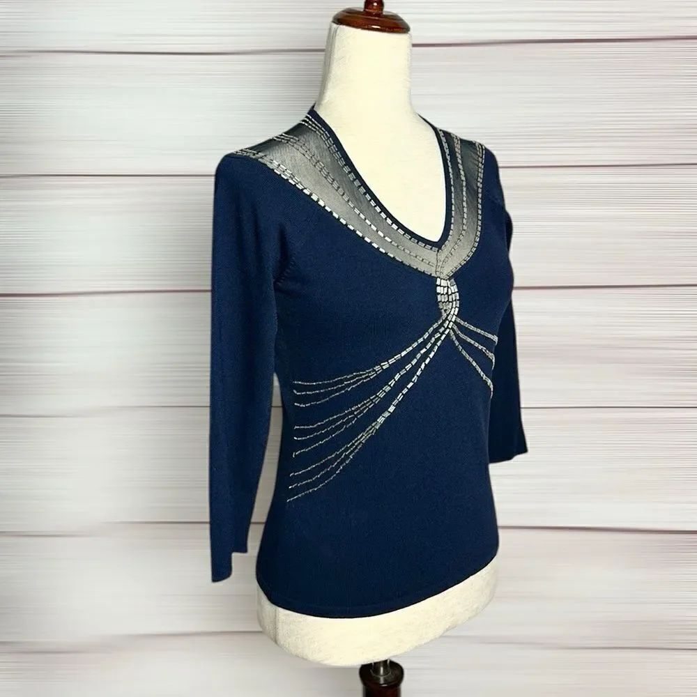 Randolph Duke The Jeanius Look Navy Blue Top V-Neck Glass Bead Embroidery XL